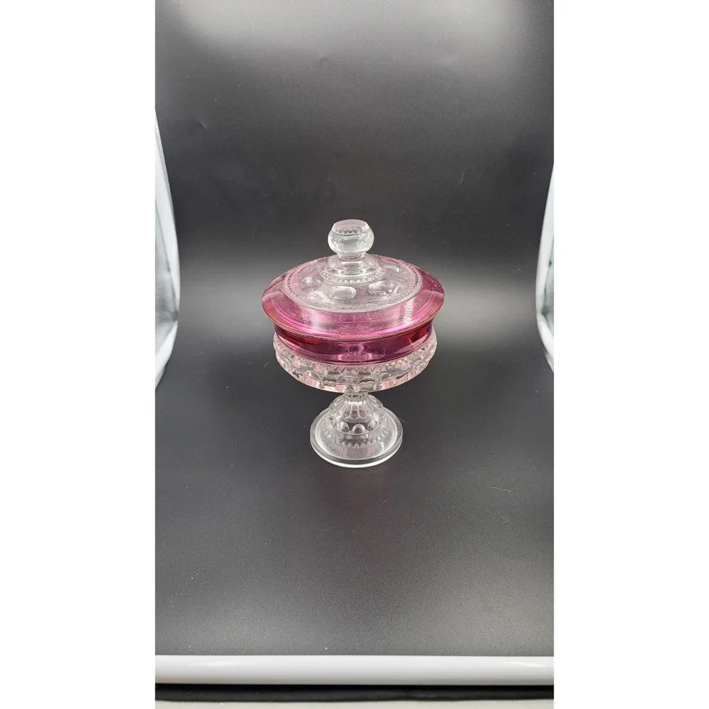 Vintage Clear and Red King's Crown Thumbprint Patterned Glass Lidded dish